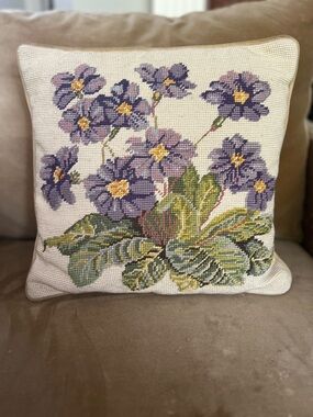Vintage Needlepoint Pillow 13" Violet Floral 100% Wool Hand Stitched Velvet Back